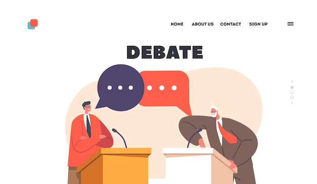 Vector debatten landing page template dialoog tussen mannen achter het podium politieke verkiezing stemtoespraak