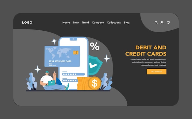 Debit and credit cards night or dark mode web or landing page streamlined financial transactions and