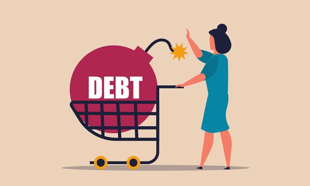 Debt bomb with woman and mortgage buy Business cart and failure management tax