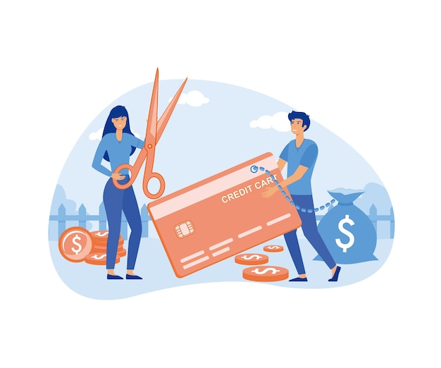 Vector debt burden concept man with scissors cuts chain of young guy with card financial illiteracy and debt bankruptcy and mortgage flat vector modern illustration
