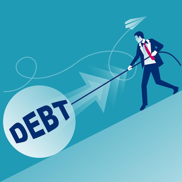 Vector debt concept. businessman pushes big debt. financial crisis, economic depression, crash financial.