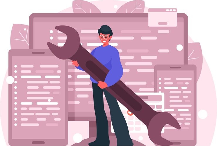 Vector debugging software concept computer display tablet and smartphone with programming code on screen