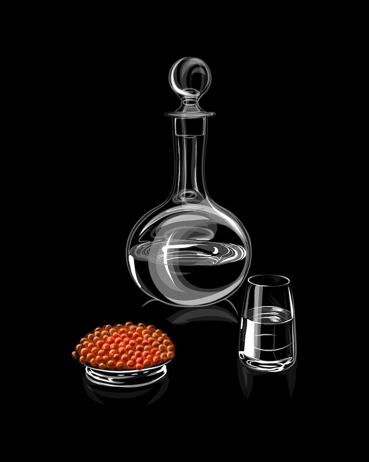 Vector decanter or carafe with glass and red caviar on a black background.  illustration