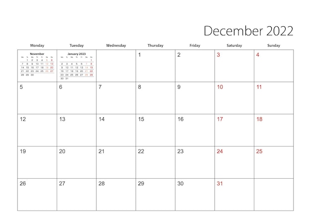 Vector december 2022 simple calendar planner, week starts from monday. vector calendar planner.