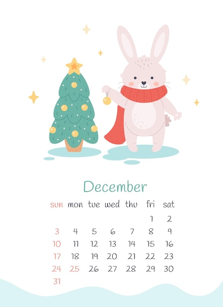 December 2023 calendar. cute bunny decorating a christmas tree. merry christmas and happy new year.