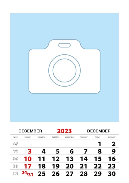 December 2023 calendar planner A3 size with place for your photo