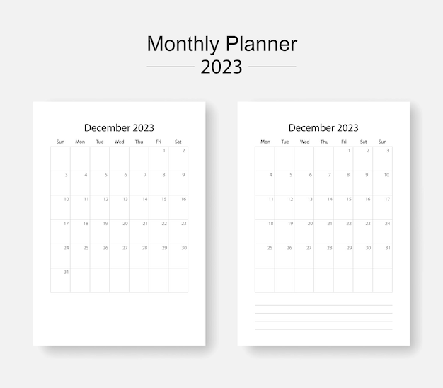 December 2023 monthly planner start monday start sunday start