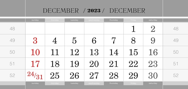 2023 年 12 月の四半期カレンダー ブロック英語の週のウォール カレンダーは日曜日から始まります