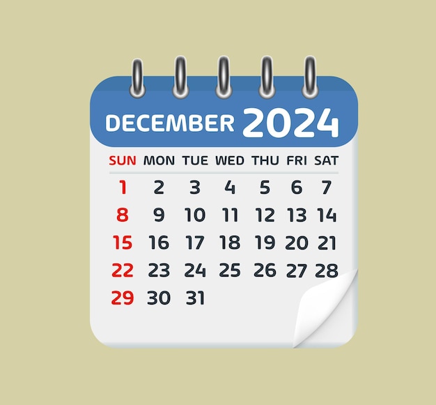 Vettore calendario di dicembre 2024 calendario foglia 2024 in stile piatto