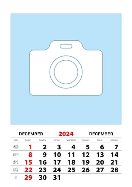 Vector december 2024 calendar planner a3 size with place for your photo