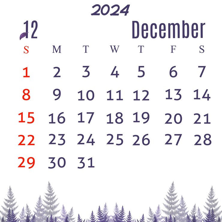 Вектор календарь на декабрь 2024 года с темно-фиолетовой листной эстетической иллюстрацией