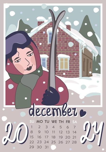 December 2024. Kalender A4, A3. Week begint op zondag, vectorillustratie