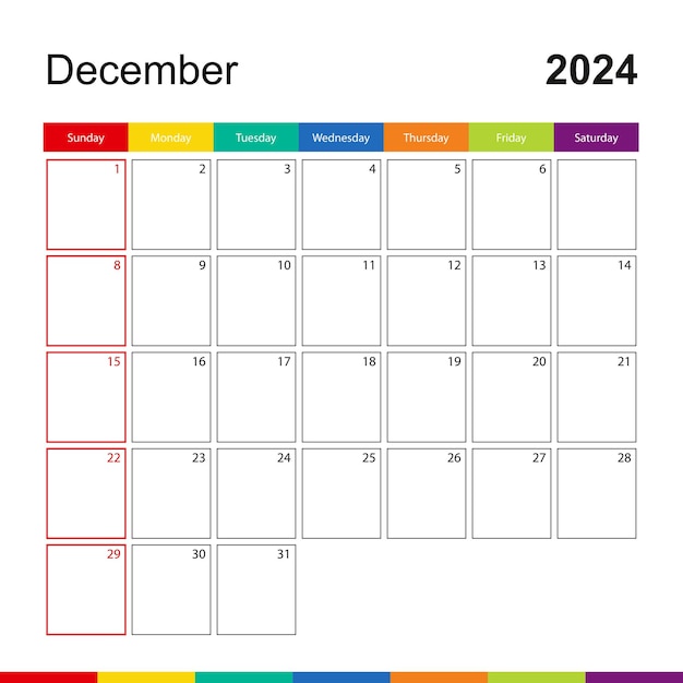 December 2024 kleurrijke muur kalender week begint op zondag