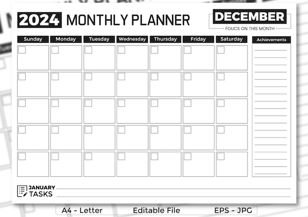 Vector december 2024 maandelijks planner minimalistische sjabloon in a4 formaat