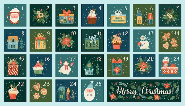 Vector december advent calendar cute christmas illusstrations with new year symbols vector design