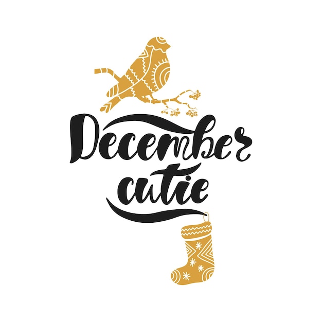 December cutie. hand drawn calligraphy text. holiday typography design with bullfinch and sock. black and gold christmas greeting card.