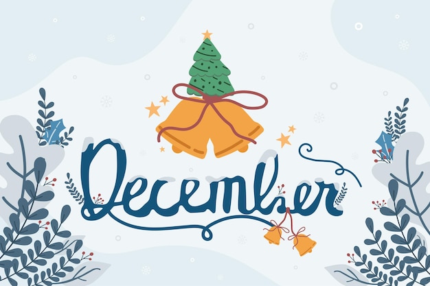 Mese di scrittura a mano di dicembre con campane e albero di natale illustrazione vibrazione di dicembre