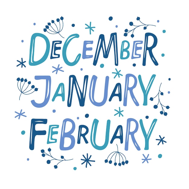 Декабрь, январь, февраль. Нарисованные вручную слова. Текст со снегом и растительными элементами. Зима