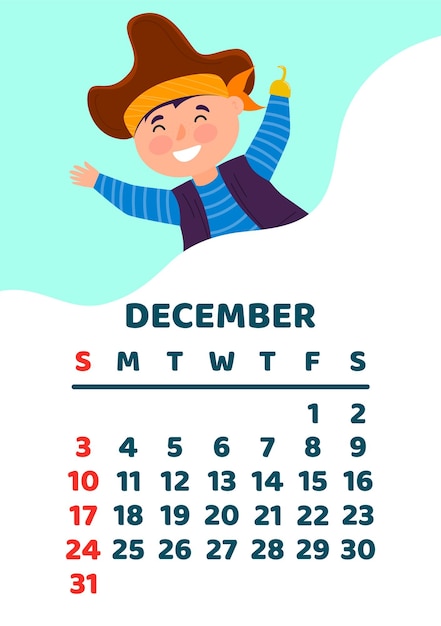 December kalender pagina cartoon vectorillustratie met schattige piraat sjabloon voor print verticale layo