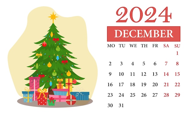 12月 マンスリーカレンダー 2024 クリスマスツリー付き