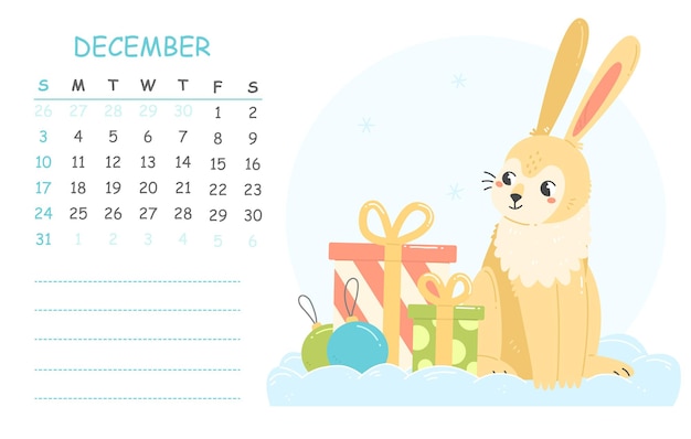 Decemberkalender voor 2023 met een illustratie van een schattig konijn met cadeaus 2023 jaar van konijn