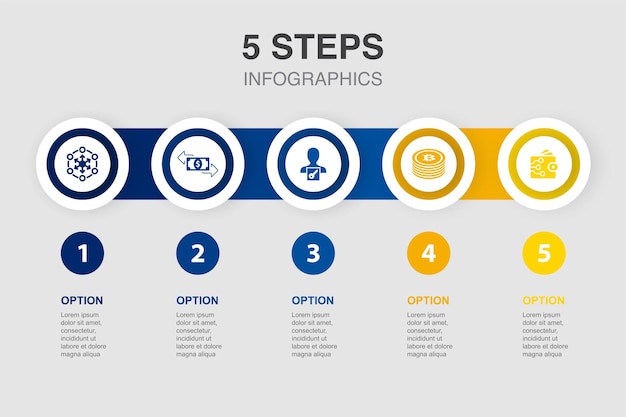 Icone del portafoglio digitale del token del proprietario della chiave della transazione decentralizzata modello di layout di progettazione infografica concetto di presentazione creativa con 5 passaggi