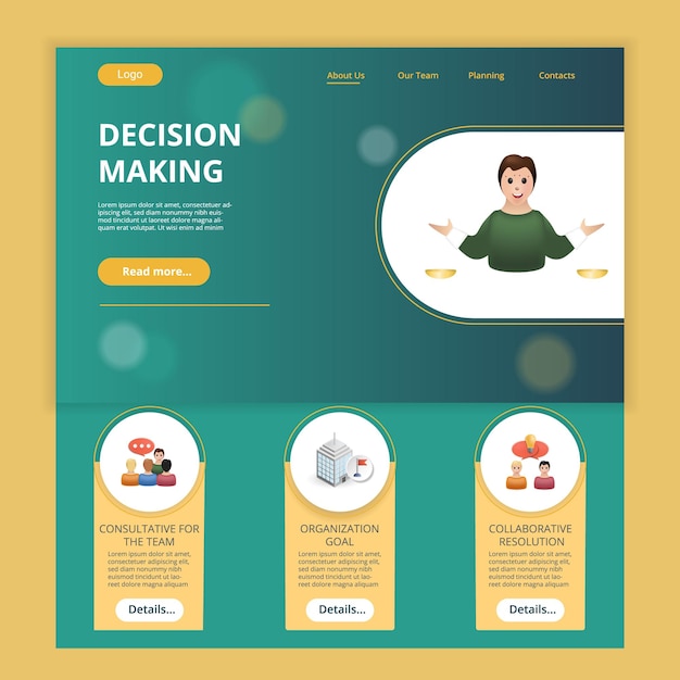 Decision making flat landing page website template consultative for the team organization goal