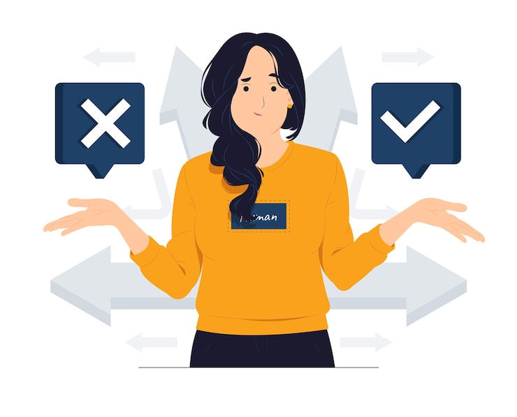 Vector decision between right or left yes or no business decisions ethical dilemma choose choice undecided and feeling confused concept illustration