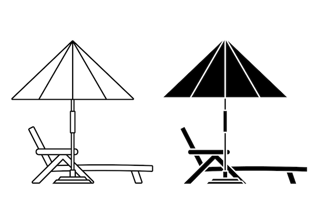 비치 파라솔이 있는 데크 의자 라운지 또는 일광욕 침대 일광욕 침대가 있는 해변 또는 수영장 파라솔 선형 아이콘