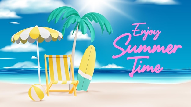 Deck chair for Summer and Beach things in 3d realistic art style with pastel color