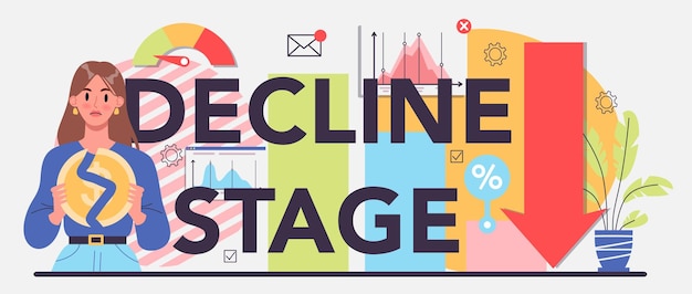 Decline stage typographic header Bankruptcy with falling down profit graph and money decrease Idea of financial and business crisis and loses Flat vector illustration