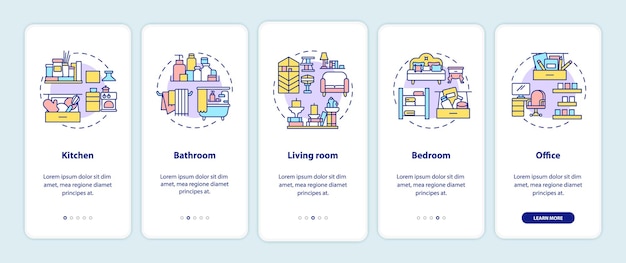 コンセプトを備えたモバイルアプリページ画面のオンボーディング領域を整理します。ウォークスルー5ステップのグラフィックの説明をきれいにするために家に置きます。 rgbカラーイラスト付きのuiテンプレート