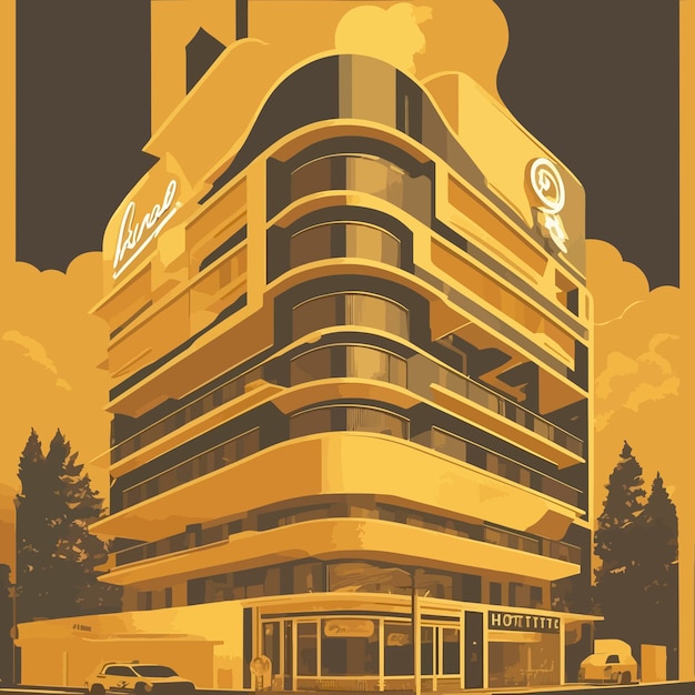 Deco old pop art cool modern building Hotel illustration