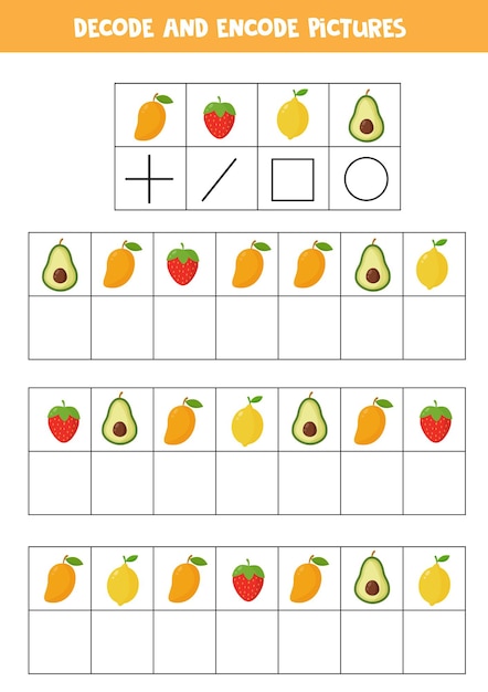 Decodifica e codifica le immagini. gioco logico con frutti e bacche simpatici cartoni animati.