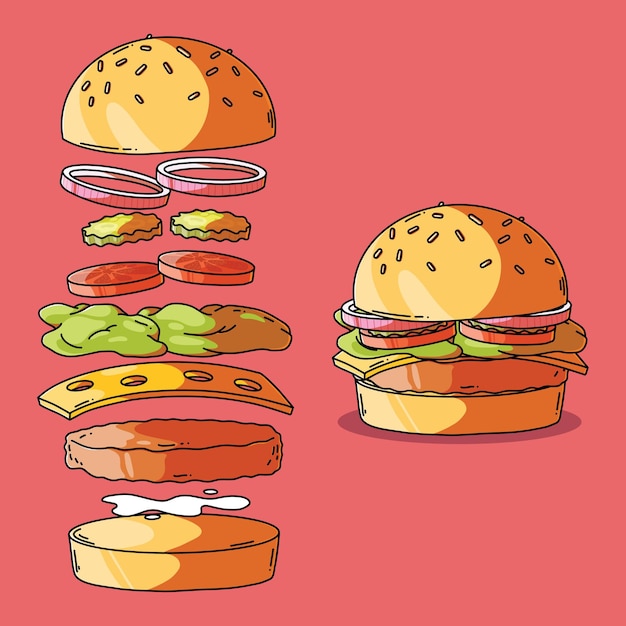 Vettore illustrazione vettoriale dell'hamburger decostruito concetto di design del marchio fast food