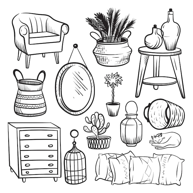 Vector decor and furniture items for home furnishing vector sketch in doodle style