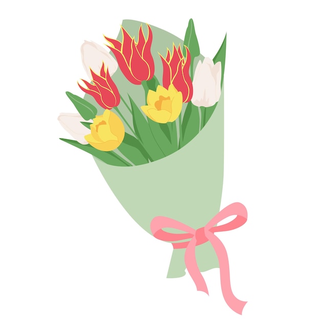 Decorated bouquet in craft paper of spring flowers on white bunch of pink tulips and daffodils