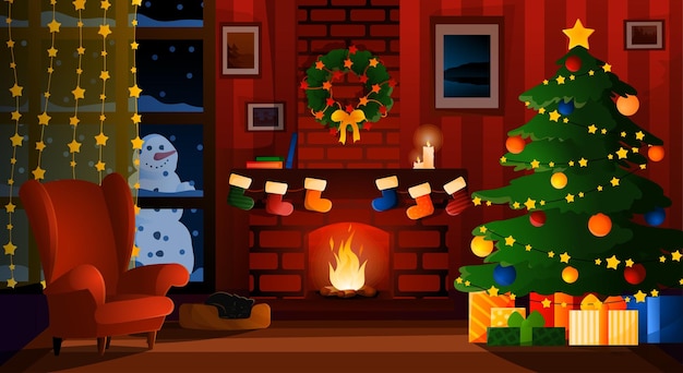 Decorato casa accogliente di natale con animali domestici e caminetto interni per le vacanze invernali