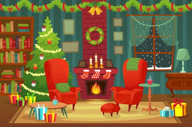 クリスマスの部屋を装飾しました。暖炉とクリスマスツリーの概念の近くの肘掛け椅子と冬の休日のインテリア