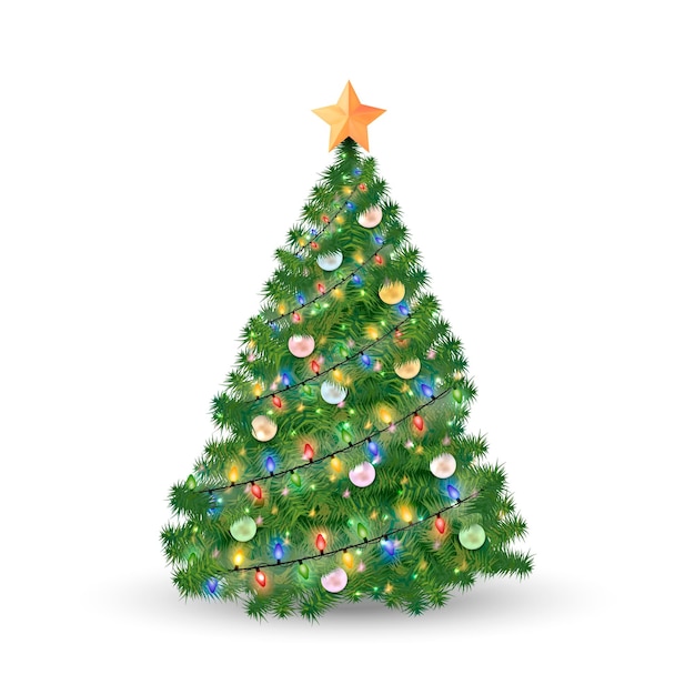 Украшенная елка и рождественские украшения на белом фоне Векторная иллюстрация