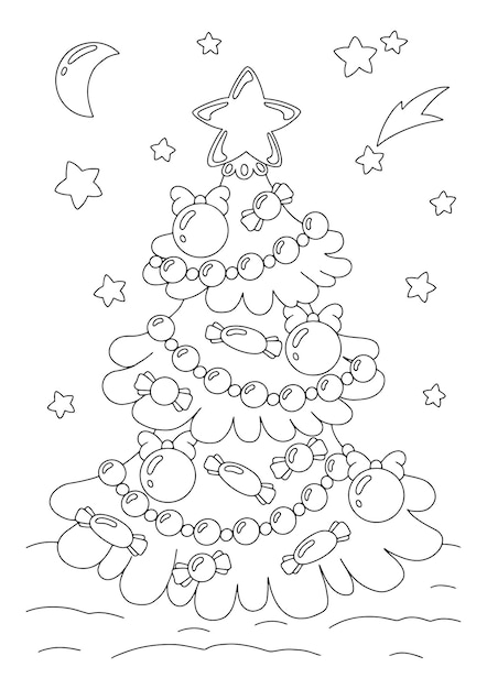 Decorated christmas tree. Coloring book page for kids.