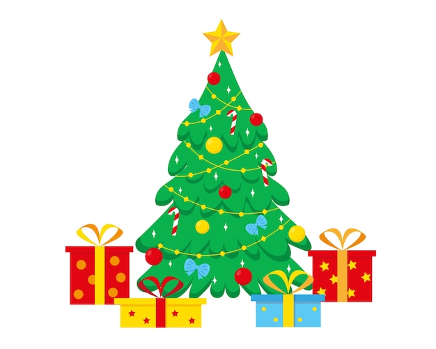 Vector decorated christmas tree and gifts boxes for happy new year and christmas  isolated on the white background.