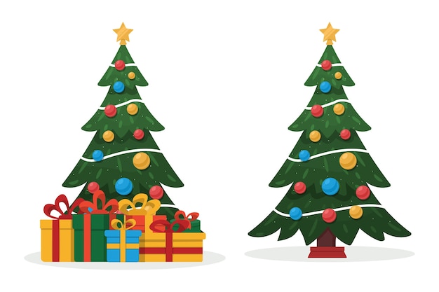 Vector decorated christmas tree and gifts.