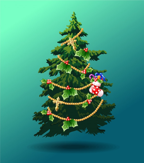 Decorated Christmas tree on green blue background.