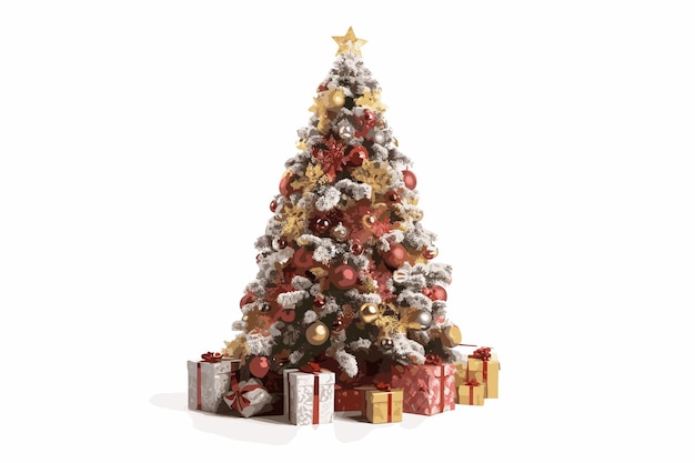 A decorated Christmas tree with Christmas gifts on a colorful background