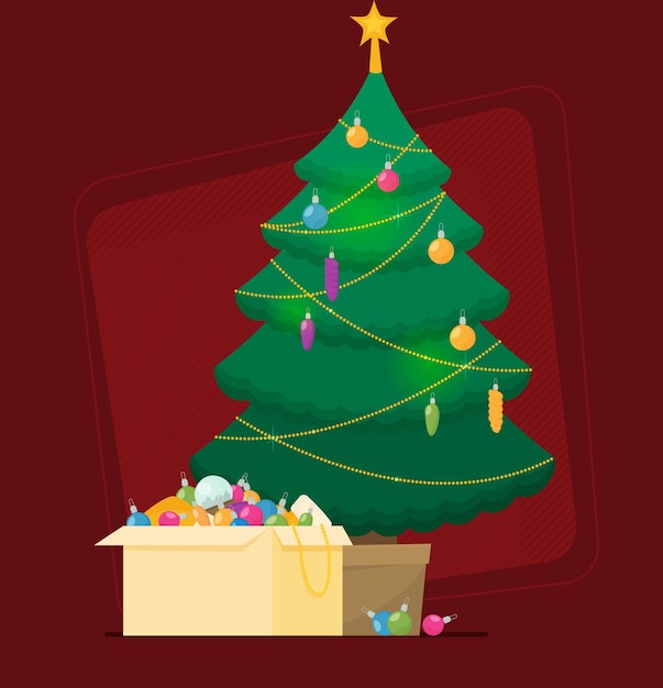 Albero di natale decorato con scatole regalo stelle luci decorazione sfere e lampade buon natale e felice anno nuovo illustrazione vettoriale in stile piatto