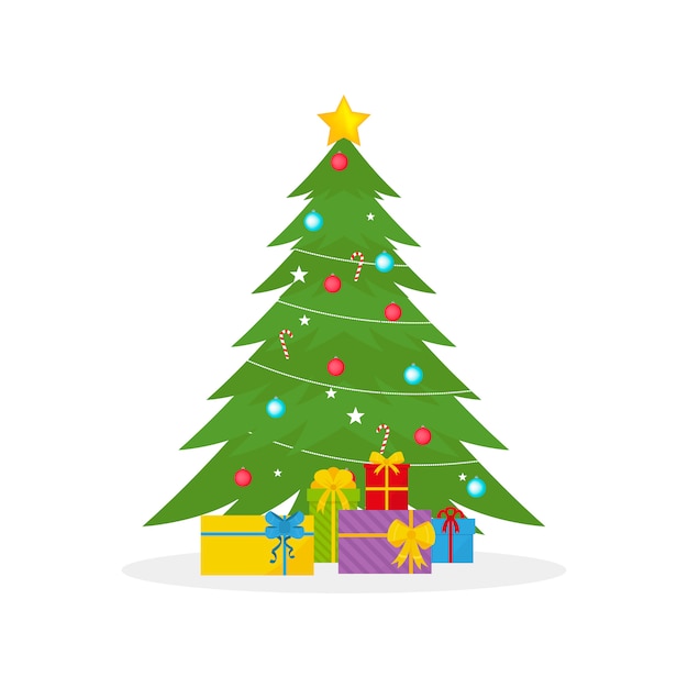 Vector decorated christmas tree with gift boxes, stars, lights and balls