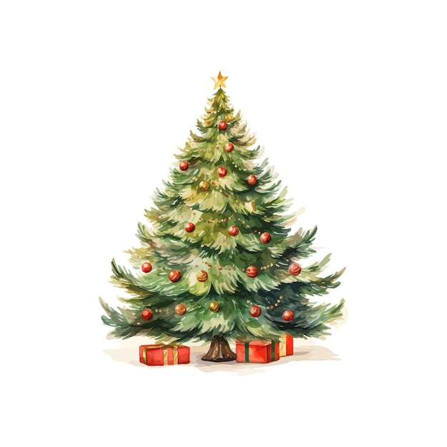 Decorated Christmas Tree with Gifts watercolor style Vector illustration design