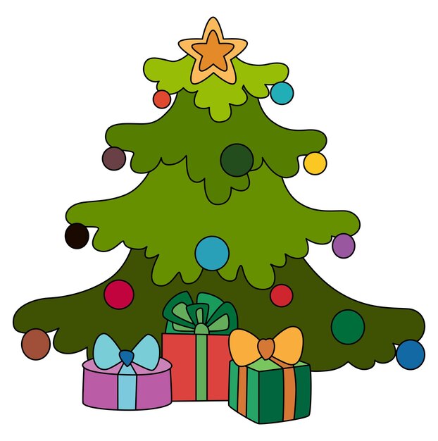 Vector decorated christmas tree with star and presents holiday festive illustration