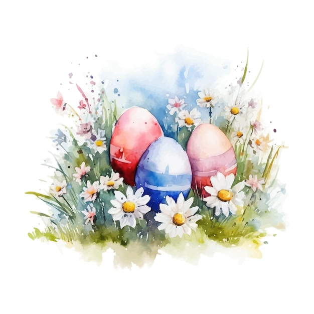 Decorated easter eggs in the grass with spring flowers watercolor